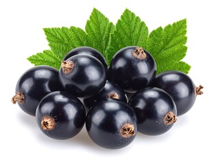 Cluster of dark black currants with green leaves