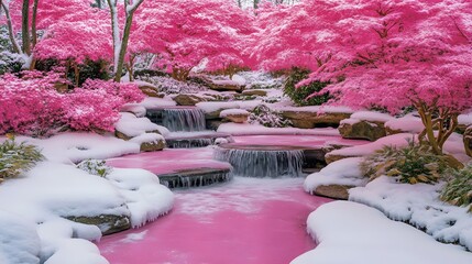 Pink Waterfall Winter Wonderland Snowy Garden Scene