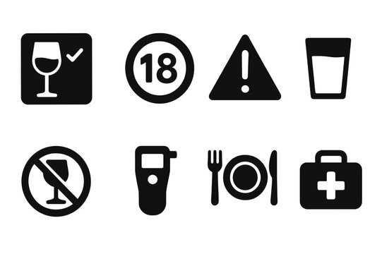 Safety Icon Set. Solid, filled icon set of shot safety and moderation: drink responsibly sign, age restriction, warning sign, water glass, first aid kit, no