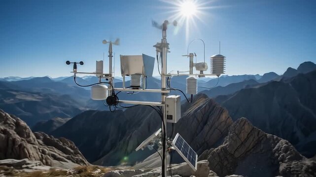 Weather station on mountain peak sunny sky automated climate monitoring