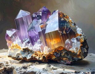 Cluster of vibrant crystals on a rock base