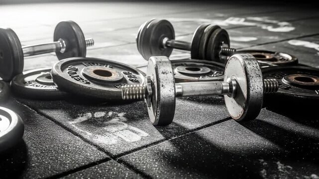 Weightlifting equipment on gym floor dumbbell and plates fitness strength training