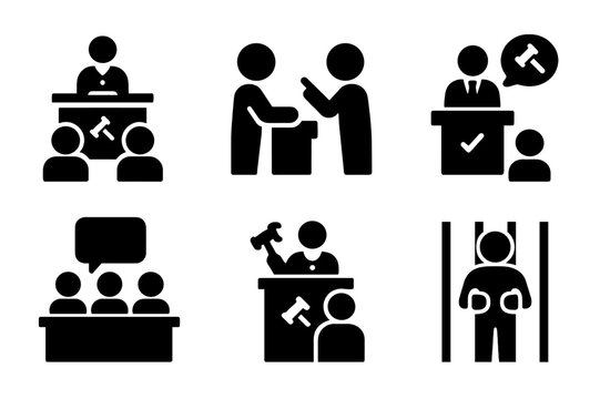 Legal Icons Grid. Solid, filled icon set of legal proceedings: trial, cross-examination, closing argument, jury deliberation, verdict announcement, sentencing,