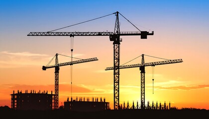 Construction cranes silhouette at sunset