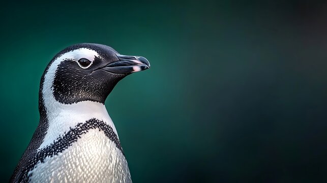 Closeup portrait of an african penguin looking to the side with a blurred green background