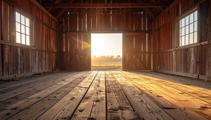 Sunlit interior of an old wooden barn, open doors revealing a tranquil field at sunset.  The worn wooden floor and walls showcase age and rustic charm