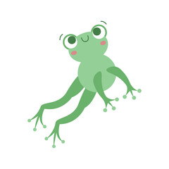 Cute cartoon green frog character illustration sitting on a leaf, smiling and happy in nature