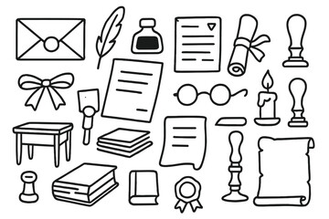 Vintage Desk Essentials. Hand-drawn doodle illustration Vintage correspondence envelope, quill, ink bottle, letter, scroll, wax seal, stamp, ribbon, paper,
