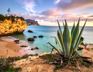Coastal beach scene at sunset