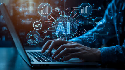 A person is typing on a laptop with futuristic digital interface icons, representing AI, data analysis, automation, and technology, connected by digital lines in a modern, high-tech, professional styl