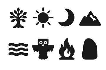 Fototapeta premium Ancient Nature Icon Set. Solid, filled icon set of ancient nature and symbols: sacred tree, sun, moon, mountain, river, animal totem, fire, stone. Solid,