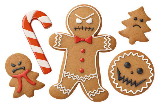 Evil Gingerbread PNG Set &ndash; Angry Cookie, Broken Candy Cane, Scary Icing &ndash; Individually Isolated on Transparent Background