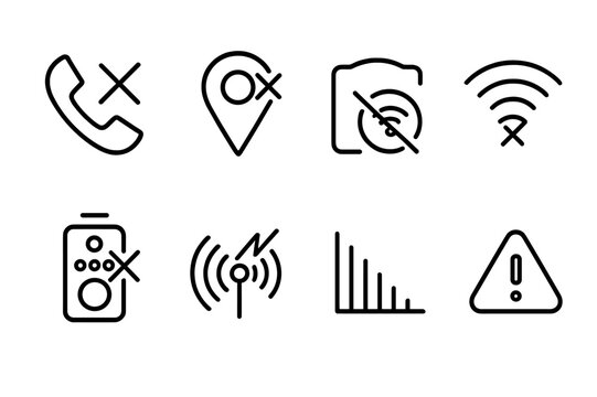 Jammer Effects Icon Set. Outline icon set of jammer effects: disrupted call, no GPS, dead zone, lost Wi-Fi, disabled remote, interference waves, signal fade,