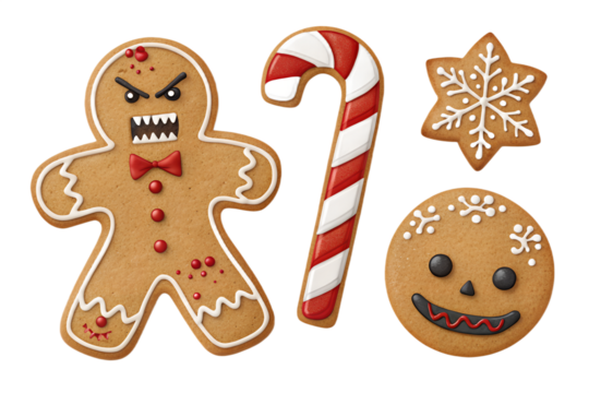Evil Gingerbread PNG Set – Angry Cookie, Broken Candy Cane, Scary Icing – Individually Isolated on Transparent Background