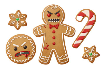 Fototapeta premium Evil Gingerbread PNG Set – Angry Cookie, Broken Candy Cane, Scary Icing – Individually Isolated on Transparent Background