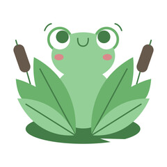 Cute cartoon green frog character illustration sitting on a leaf, smiling and happy in nature