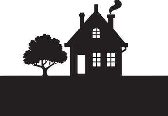 Simple black silhouette of a quaint cottage house with two chimneys, smoke, an arched window, and a full, bushy tree on an expanse of ground.