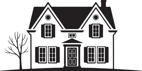 Symmetrical black and white silhouette of a classic two-story colonial-style house with matching gables, window shutters, and a small bare tree to the side.