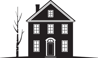 Stately black and white silhouette of a two-story Colonial Revival house featuring a central arched door, symmetrical windows, and a tall, leafless tree.