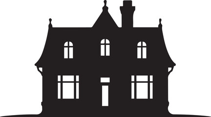 
Image Title
Striking black silhouette of an elegant two-story Victorian or Queen Anne style house with a distinctive curved mansard roof and prominent chimney.