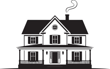 Elegant black and white silhouette of a two-story traditional American Foursquare style house with a full-width covered front porch and smoke rising from the chimney.