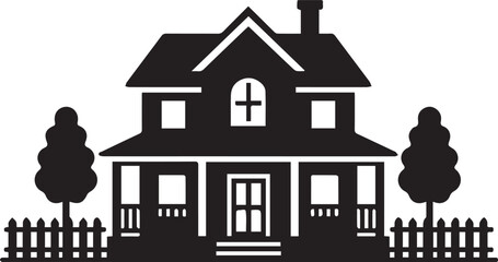 Black and white silhouette of a two-story suburban house with a covered front porch, a picket fence, and two stylized trees on either side.