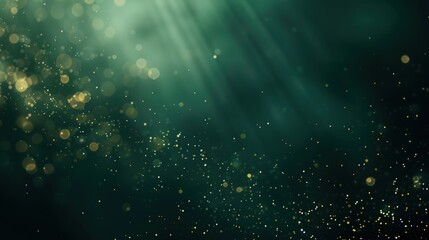 Ethereal Green Background with Shimmering Light and Gold Particles