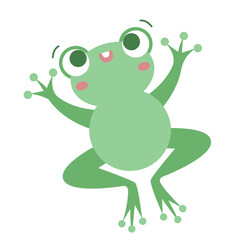 Cute cartoon green frog character illustration sitting on a leaf, smiling and happy in nature