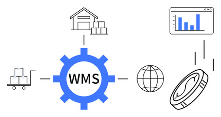 Central gear labeled WMS connected to warehouse, data chart, globe, pallet truck, and coin. Ideal for logistics, data tracking, inventory e-commerce global trade supply chain automation. Simple