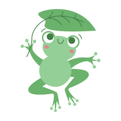 Cute cartoon green frog character illustration sitting on a leaf, smiling and happy in nature