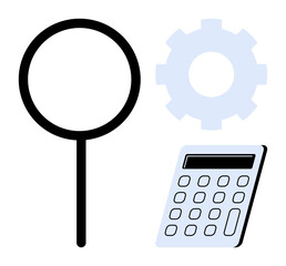 Magnifying glass, gear, and calculator indicate investigation, process optimization, and numerical assessment. Ideal for business, strategy, data management, technology efficiency research
