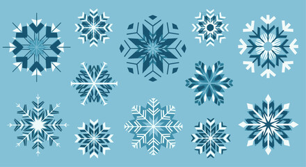 Set of Assorted Geometric Snowflakes in Blue and White