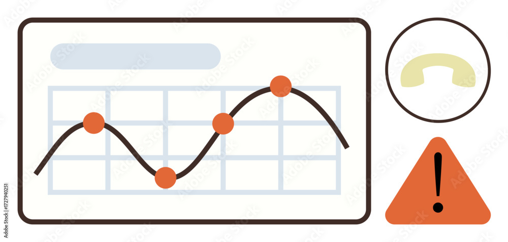 Poster line graph with marked data points, exclamation warning icon, and a telephone receiver. ideal for an