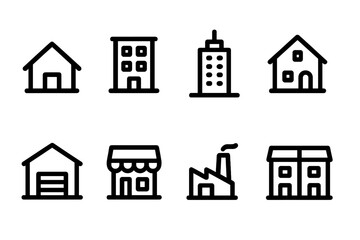Fototapeta premium Real Estate Icon Set. Solid, filled icon set of real estate property types: house, apartment building, office tower, villa, warehouse, retail store, industrial