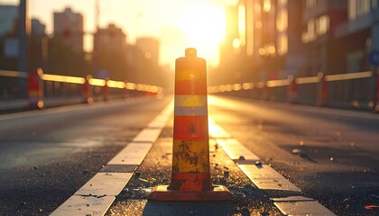 Road Construction Cone Standing on Asphalt During Golden Hour in Urban Setting with Warm Glowing Sunlight and Blurred Cityscape Background
