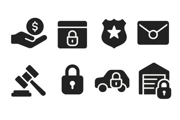 Government Seizure Icons. Solid, filled icon set of government seizure: confiscated assets, locked box, police badge, sealed envelope, auction hammer, security