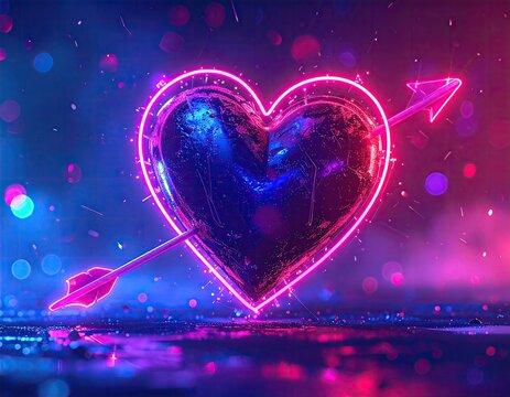 Neon-lit, metallic heart pierced by a glowing arrow, surrounded by vibrant particles and bokeh