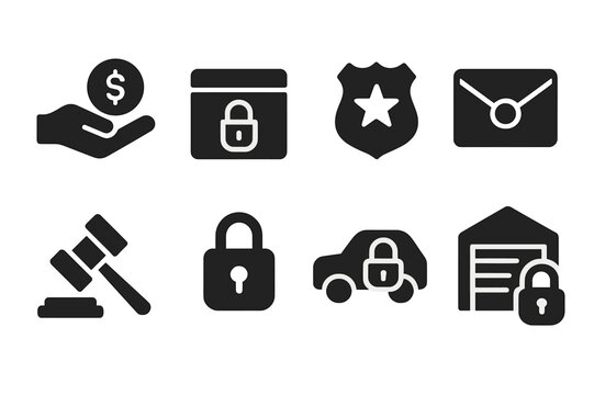 Government Seizure Icons. Solid, filled icon set of government seizure: confiscated assets, locked box, police badge, sealed envelope, auction hammer, security