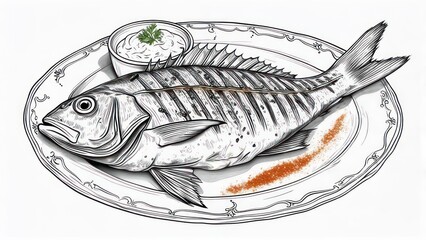 Grilled Dorado Fish with Sauce, Detailed Line Art Illustration on Ornate Plate