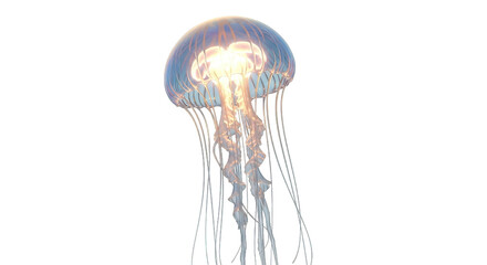 Jellyfish floats against a white background light shining from within the creature.