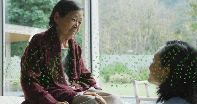granddaughter holding knee as code receding cardigan revealing garden through glass wall in tech