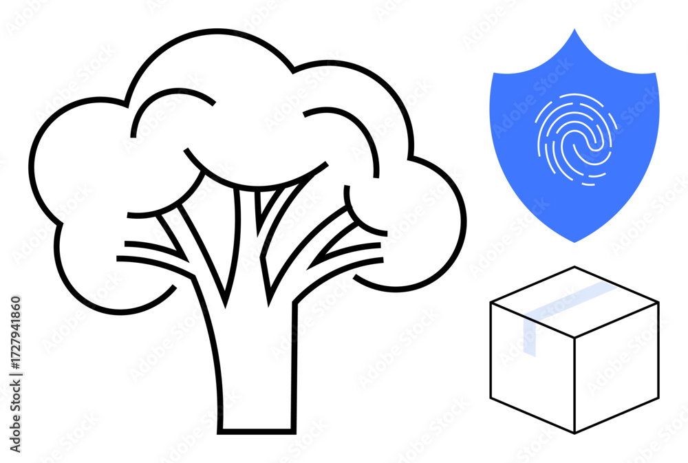 Aufkleber tree representing nature, shield with fingerprint symbolizing secure identity, box indicating delive