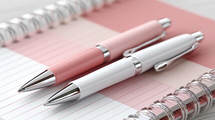 Two ballpoint pens in pink and white colors are placed on a lined notebook page, showcasing stationery items for writing.