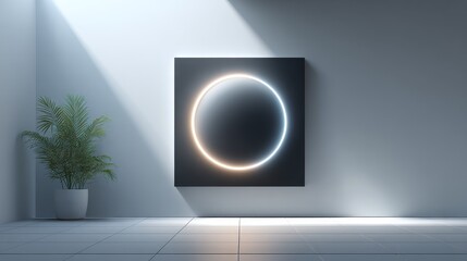 A modern abstract wall art piece with a glowing circular design in a minimalist room, featuring a plant and sleek lighting.