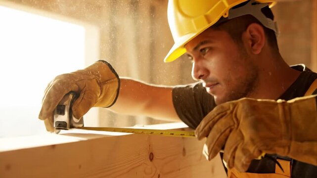 Carpenter Measuring Wood Beam