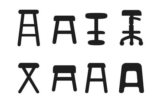 Stool Icon Collection. Solid, filled icon set of stool types: bar stool, wooden stool, swivel stool, adjustable stool, folding stool, cushioned stool, metal