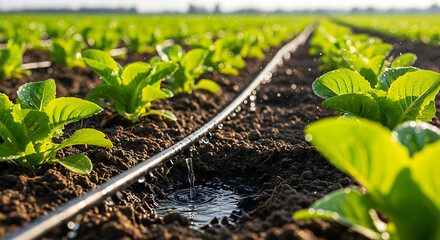 Thriving Crop irrigation: A close-up of a verdant crop, nourished by a precise drip irrigation system, showcasing the beauty and efficiency of modern agriculture. 