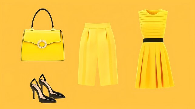 A vibrant yellow fashion ensemble featuring a dress, culottes, and handbag