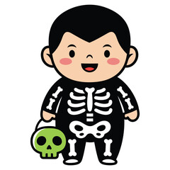 Flat Cartoon Little Boy Skeleton with Green Skull Halloween Character