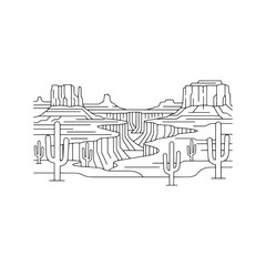 Desert Canyon Landscape Icon, Minimalist Line Art Vector of Arizona Buttes and Saguaro Cactus.
